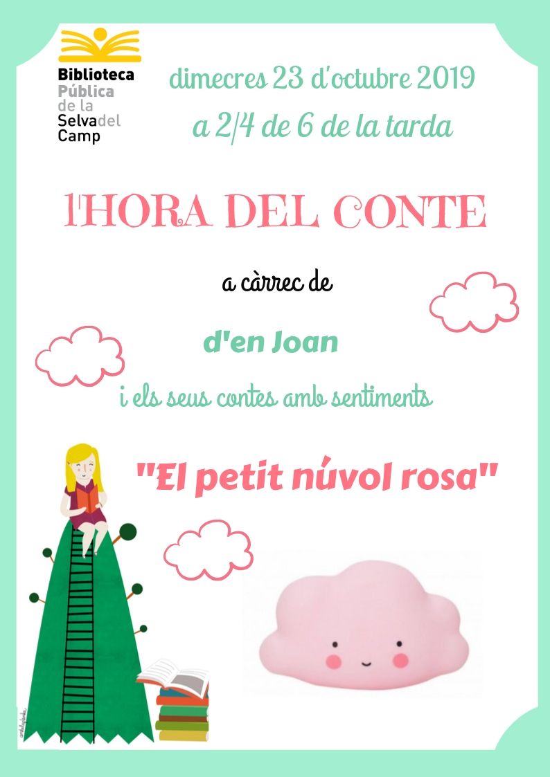 Recordeu! Demà a les 17.30h a la sala infantil...Hora del Conte a càrrec del Joan i els seus contes amb sentiments! Us esperem amb 'el petit núvol rosa'!! #horadelconte #contesambsentiments #salainfantil #biblioteca #bibliotecainfantil #llegirensfaméslliures #llibresinfantils