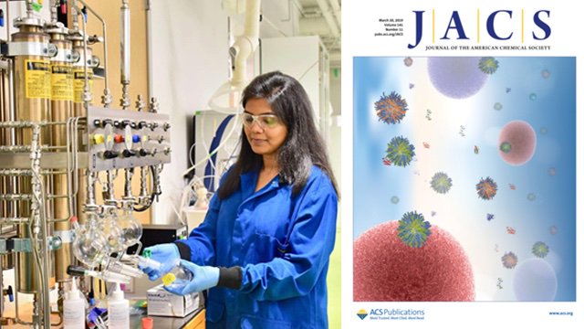cmichSE's tweet photo. Sampa Maiti, a CMU SAM Ph.D. student, recently had her research featured on the cover of the Journal of the American Chemical Society. Yea, we thought that was pretty cool too! #FireUpChips https://t.co/IrqkplsQSu https://t.co/FNZV2GUdvW
