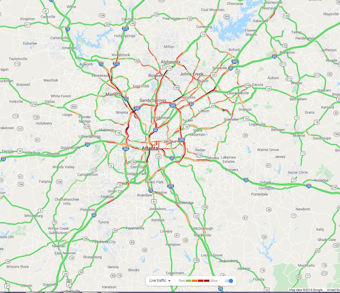ATLtrafficTeam's tweet photo. Good morning Atlanta! It's Stephanie Stallworth, Your @AtlTrafficLady :) 
It has been a slower than normal commute in the rain today.
Here is the bird's eye view of your metro area traffic delays as of 9:00 AM. 
Have a great day! 
@V103Atlanta @WAOK @929TheGame @ATLtrafficTeam https://t.co/jh2jbMrFMO