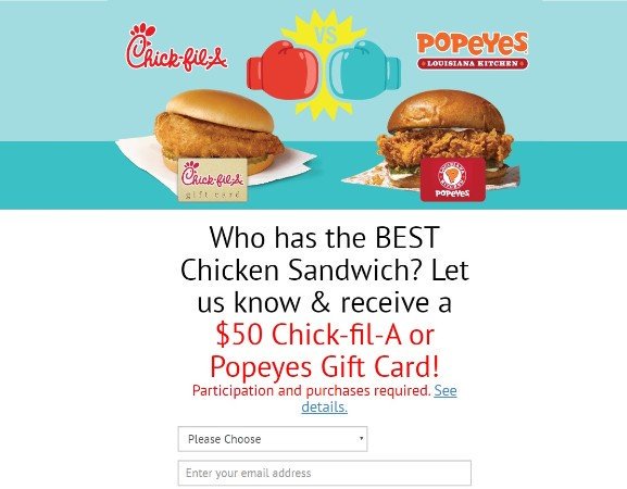 Get a $50 Popeyes or Chick-Fil-A Gift Card!

Sign up and tell where is the best chicken burgers at Chick-fil-A OR Popeyes - to get their free gift card!

infosecfoxx.blogspot.com/2019/10/get-50…

#giftcard #sanu 
#TuesdayThoughts  
#PresidentCarter 
#Lynching  #day6
#TuesdayMotivation #BeanTalk