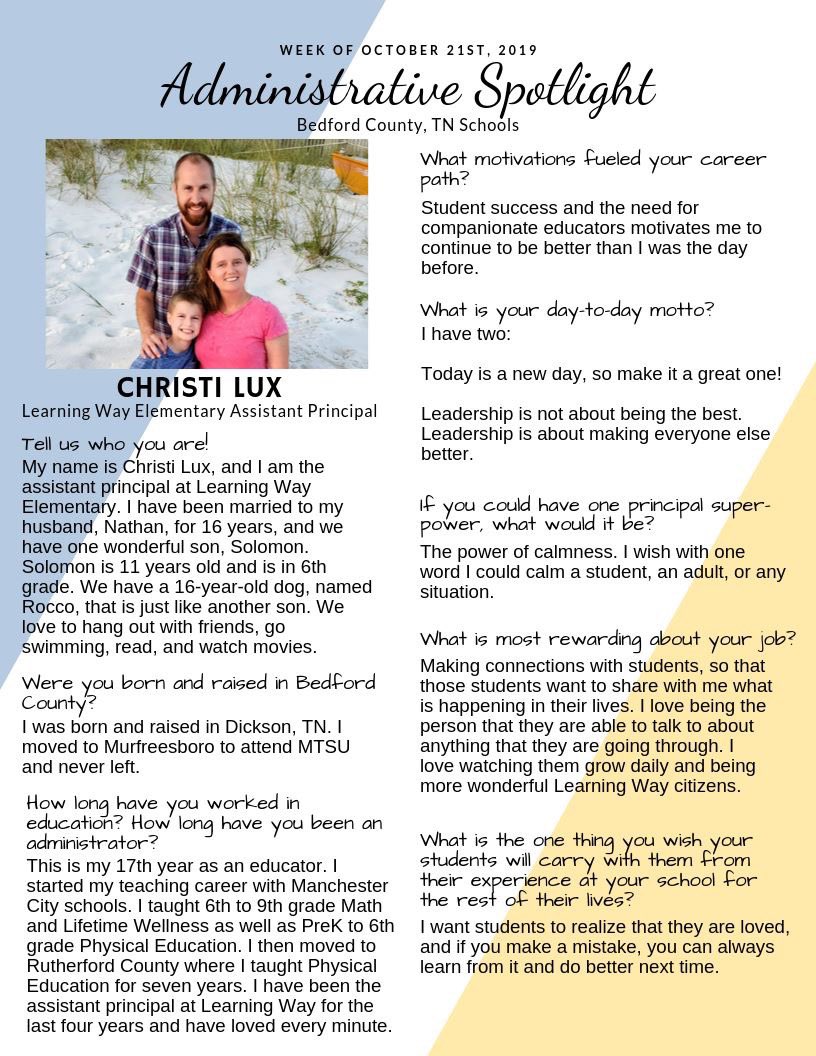 BedCoSchools's tweet photo. Administrative Spotlight of the Week for the week of October 21st goes to Learning Way Elementary School. Meet Christi Lux!
-
#BedfordCoTN
#BedCoSchools
#BedfordCountyTNSchools
#StaffSpotlight
#AdministrativeSpotlight
#BedfordCountyTN
#TogetherWeLearn
#DoItTheLearningWay https://t.co/V8L2HchgPJ