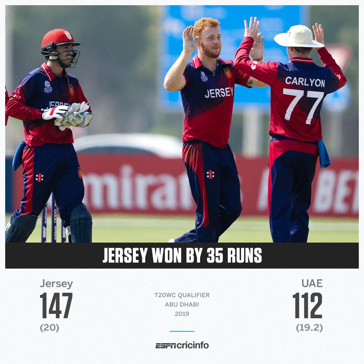 cricinfo's tweet photo. Another big upset at the #T20WorldCup Qualifier!

Jersey get their second win of the tournament with victory against hosts UAE!

https://t.co/yj3JOdkYA6 | #UAEvJSY https://t.co/5mCI7SvdIG