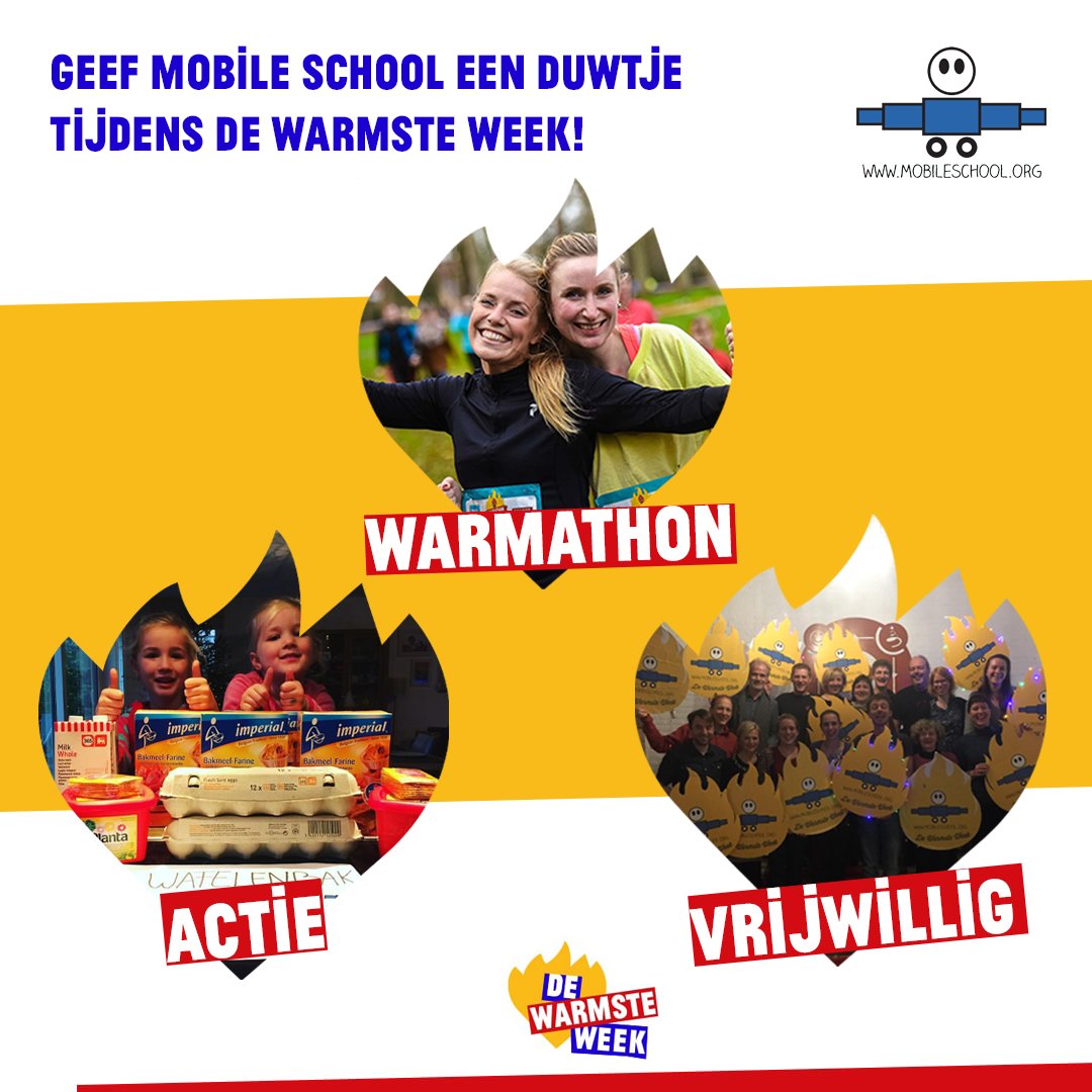 Geef Mobile School een duwtje tijdens <a href="/DeWarmsteWeek/">De Warmste Week</a> en organiseer een actie, loop mee met de warmathon of kom vrijwilligen 🔥 dewarmsteweek.be/goede-doelen/m…