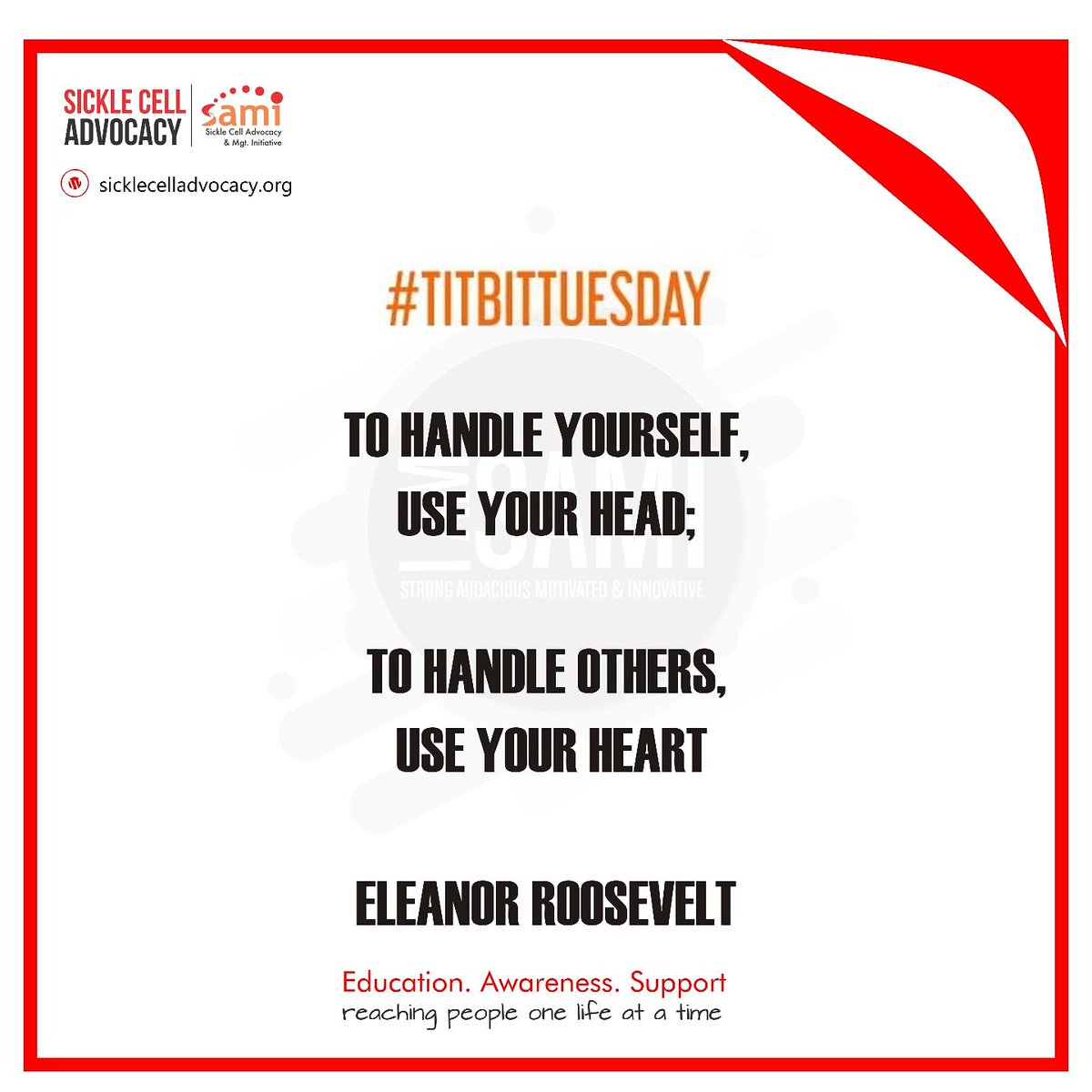 SAMIupdate's tweet photo. TITBITS TUESDAY
‘To handle yourself, use your head; to handle others, use your heart.” – Eleanor Roosevelt
Leadership is people’s business; again, leadership is people's business.
#SamiUpdate
#TitbitTuesday https://t.co/PrKd4OTDX2