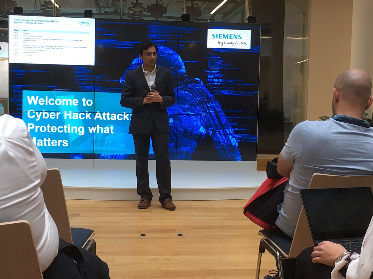 Cybersecurity is a journey. #protectingwhatmatters & creating the right culture is key. Great insights from our guest speaker Mathias Fuchs #SANS at our #cybersecurity event to discuss the latest trends & threats. #timetocare @Siemens_Bldgs