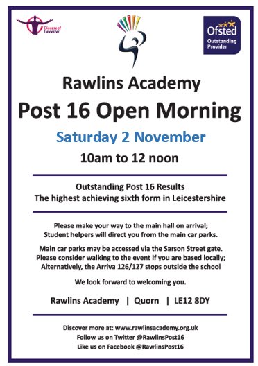RawlinsAcademy's tweet image. Year 11? Come and visit us on November 2nd to find out about your options @RawlinsPost16, the highest achieving sixth form in Leicestershire. We look forward to welcoming you!