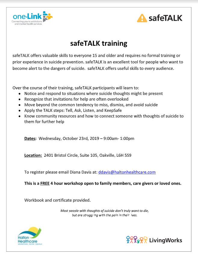 Are you 15 and over and interested in training about suicide prevention?  the event is happening October 23rd from 9am to 1pm. Participants will learn apply the TALK steps. If interested in safeTalk, email Diana Davis This event is FREE!