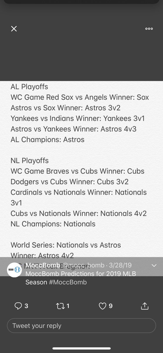 mocc_bomb's tweet photo. Took Astros to beat Nationals in the World Series 6 months and 24 days ago. Road to finishing the job starts tonight. Astros in 6! Bregman gonna have a HUGE series. @MLB @MLBNetwork @barstoolsports @barstoolbets #BelieveInTheMoccBomb https://t.co/MIeoXL9UUZ