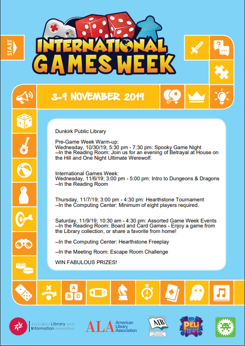 DunkirkHS_Lib's tweet photo. Don't forget to check out the Dunkirk Public Library events in celebration of International Games Week! Starting with a pre-game warm up on October 30th with One Night Ultimate Werewolf, a fantastic game to play with your friends! https://t.co/Wi2gHlxMzY