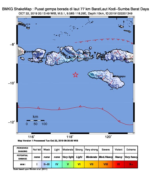 infoBMKG's tweet photo. #Gempa Mag:5.1, 22-Okt-19 20:13:49 WIB, Lok:9.58 LS, 118.29 BT (Pusat gempa berada di laut 77 km BaratLaut Kodi-Sumba Barat Daya), Kedlmn:10 Km Dirasakan (MMI) III Kab. Bima, III Kota Bima, III Kab. Dompu, III Tambolaka, II-III Kab. Sumbawa #BMKG https://t.co/s7fQzxASp4