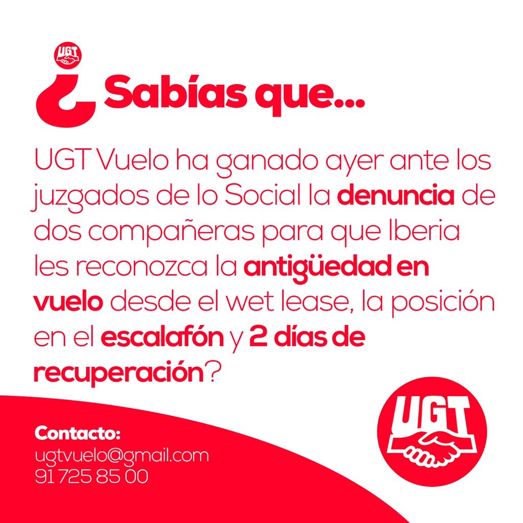 UGTVUELO's tweet photo. ⚖️ En UGT tenemos el mejor equipo jurídico, y lo ponemos a tu disposición. Ayer dos compañeras consiguieron que se les reconozca la antigüedad desde el wet lease, la posición en el escalafón y los 2 días de recuperación 👨🏻‍⚖️ 

Hechos, no palabras ❤️ https://t.co/KmtnrKqNa1