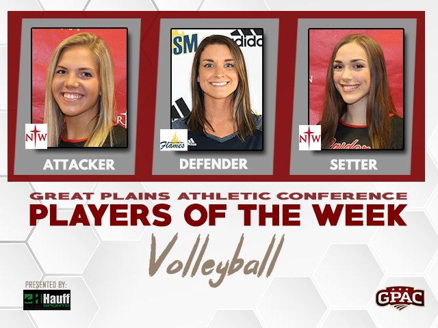GPACSports's tweet photo. VOLLEYBALL: (ATTACKER) Wedel of @nwcraiders, (SETTER) Wacker of @nwcraiders, (DEFENDER)  Robley of @CSM_Flames. Complete Release - https://t.co/jLLMHnET98 https://t.co/BOgVv5ykIF