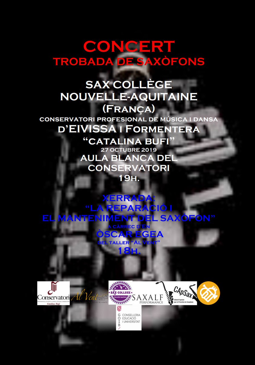 ConserEiviFor's tweet photo. 🎶🎷 Aquest diumenge 27 us convidem a una tarda temàtica amb el Saxòfon 🎷🎶

A les 18h tindrà lloc una Xerrada: la Reparació i Manteniment del Saxòfon 🔧🔩, i a les 19h un Concert a càrrec del Sax Collège Nouvelle-Aquitane de França 🇫🇷

Us esperem!

#saxofon #sax #concierto https://t.co/g4Onz7Cymp