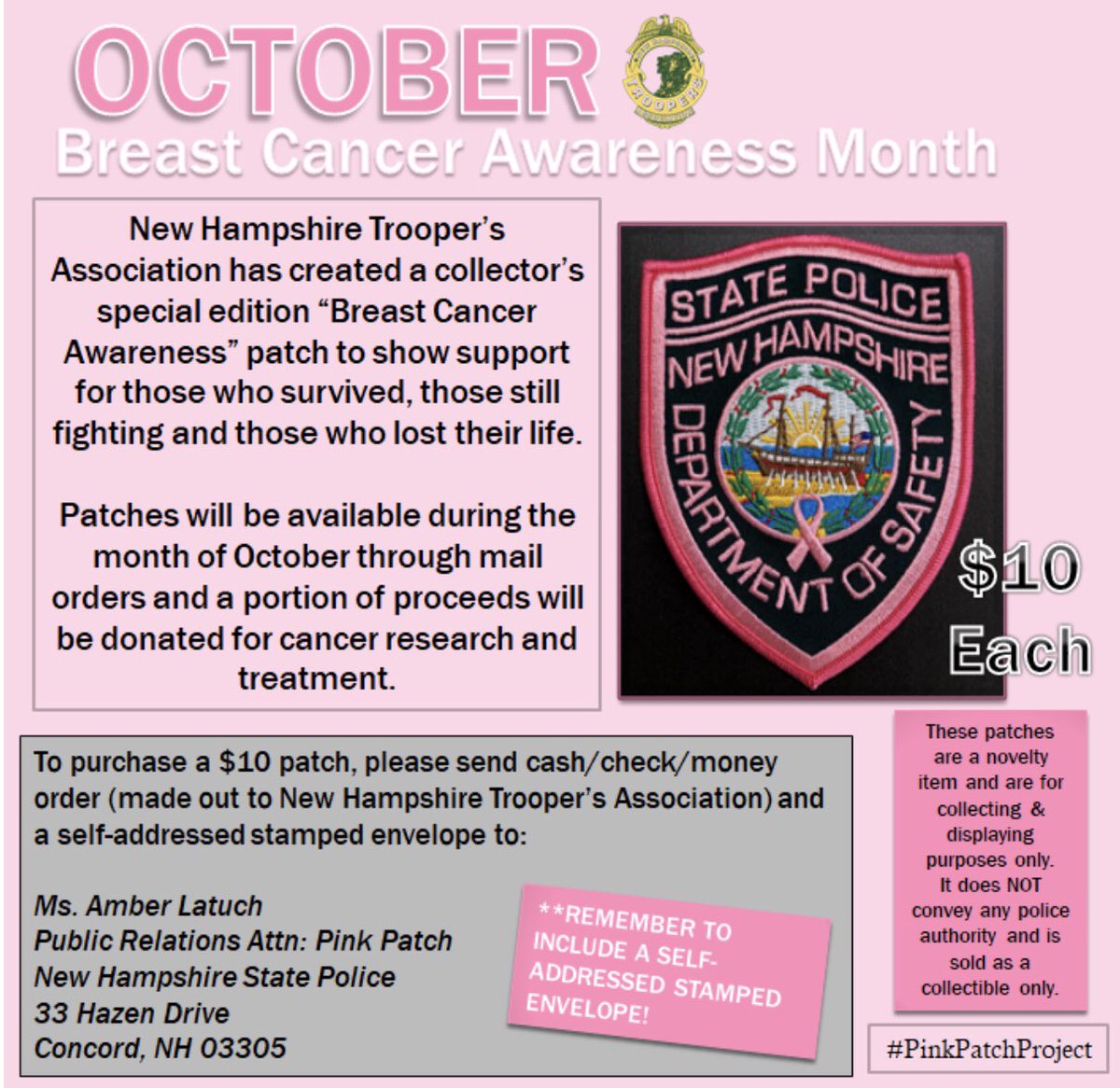 NH_StatePolice's tweet image. A few weeks left to purchase! Thank you to those who have supported and bought a #pinkpatch for #BreastCancerAwarenessMonth 💕 #NHSP