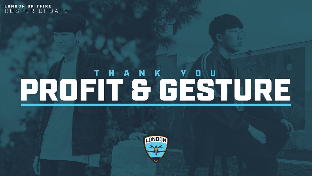 Spitfire's tweet photo. The legendary @Gesture and @ProfitOW duo have been integral members of the London Spitfire, but today we say our farewells. We’ve won a championship together - a feat that will never be forgotten.

Thank you and we wish you the best of luck with what your future holds for you. https://t.co/RRhpYuyvNU
