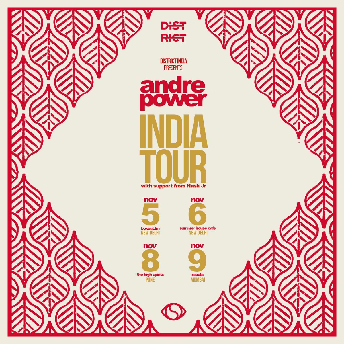 DistrictIndia's tweet photo. Announcing our second tour for the month of November. Welcome back @andrepower to India after a smashing performance in Mumbai recently. The @Soulection
co-founder returns for 3 city tour early next month. Supported by @nashjrofficial 👁️ #soulection #andrepower #nashjr https://t.co/yS01os7FrP