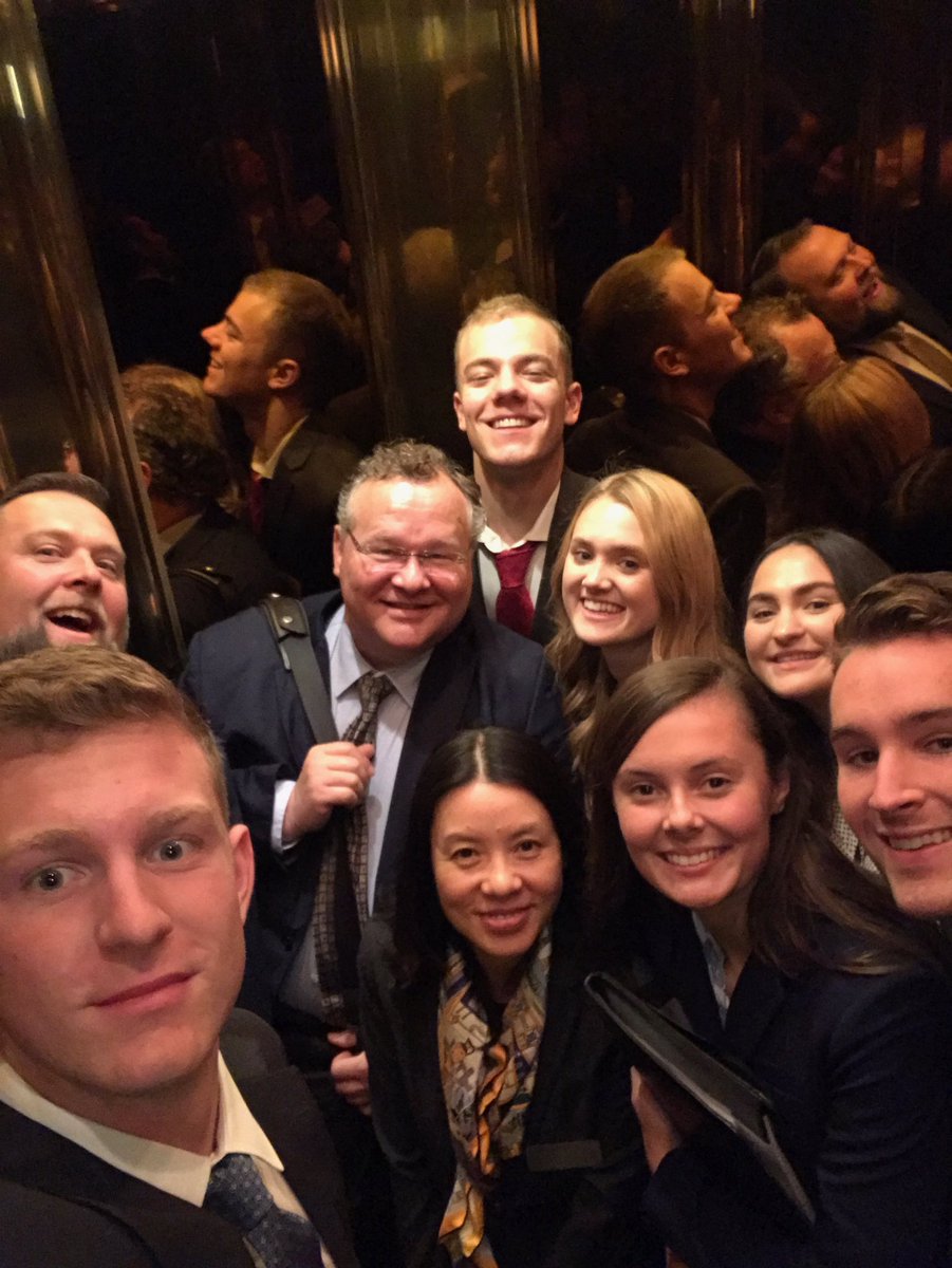 #GUNYCTREK19 <a href="/Gonzaga_CPD/">Gonzaga Career & Professional Development</a> Day 1 Elfie (elevator selfie) at Cammack Retirement.  Go Zags!