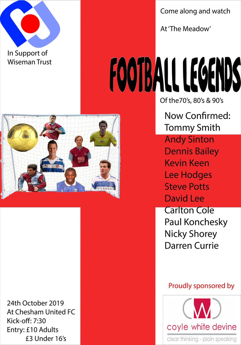 Thursday 24th October, we're delighted to host the annual Football Legends match in aid of <a href="/WisemanTrust/">The Wiseman Trust</a>

Kick off - 7.30pm
Bar open from 6pm

Adults £10
U16s £3

<a href="/CarltonCole1/">Carlton Cole</a>, <a href="/paulkonchesky1/">Paul Konchesky</a>, <a href="/GrahamStack1/">Graham Stack</a> and <a href="/nickyshorey22/">Nicky Shorey</a> all confirmed as playing on Thursday night