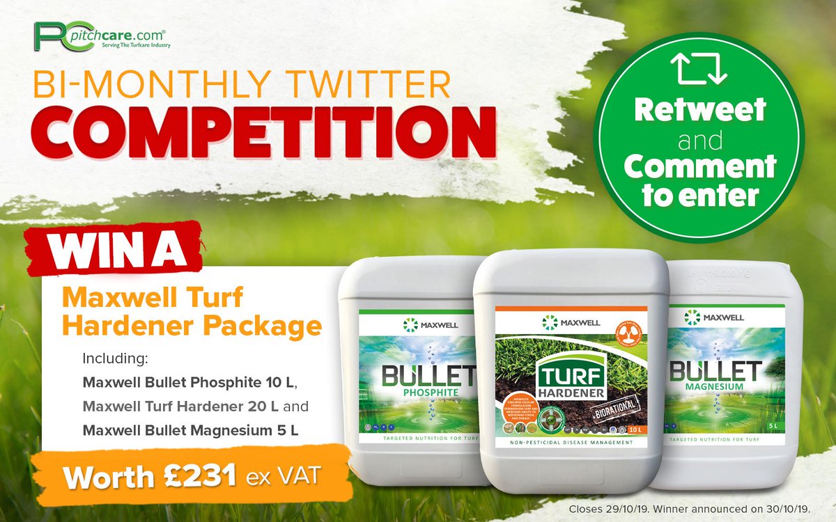 It's Competition Time!

Attention all #Greenkeepers, #Groundspeople and Ground Staff!

Simply Re-Tweet and Comment for your chance to WIN a Pitchcare #Turf Hardener Package worth £231.00!

Competition closes on 29/10/19

Terms and Conditions apply
bit.ly/maxwell-comp