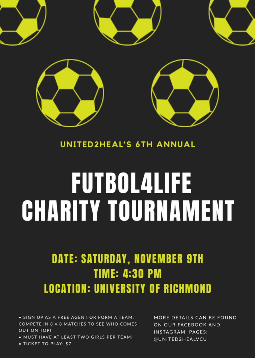 United2HealVCU's tweet photo. It’s finally here! United2Heal presents #Futbol4Life, our annual charity soccer tournament, open to all! https://t.co/L8J7eQRjN4