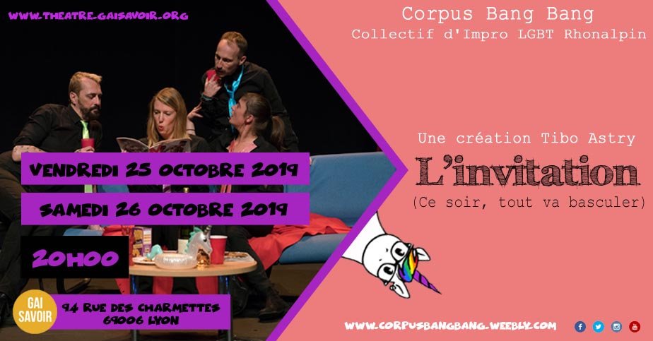 CorpusBangBang's tweet photo. Vendredi 25 et Samedi 26, retrouvez notre spectacle d'#impro #LGBT "L'Invitation" à #lyon https://t.co/XjuJEYiJQH @actu_gay_com @PlurielGay @lyongay @culturegay1 @AURALGBT @lyonmag @pictanews @saladelyonnaise @GotoLYON_69 @spi_69gaules @foxoo69 @F3Rhone_Alpes https://t.co/Ka4oP7FB2d