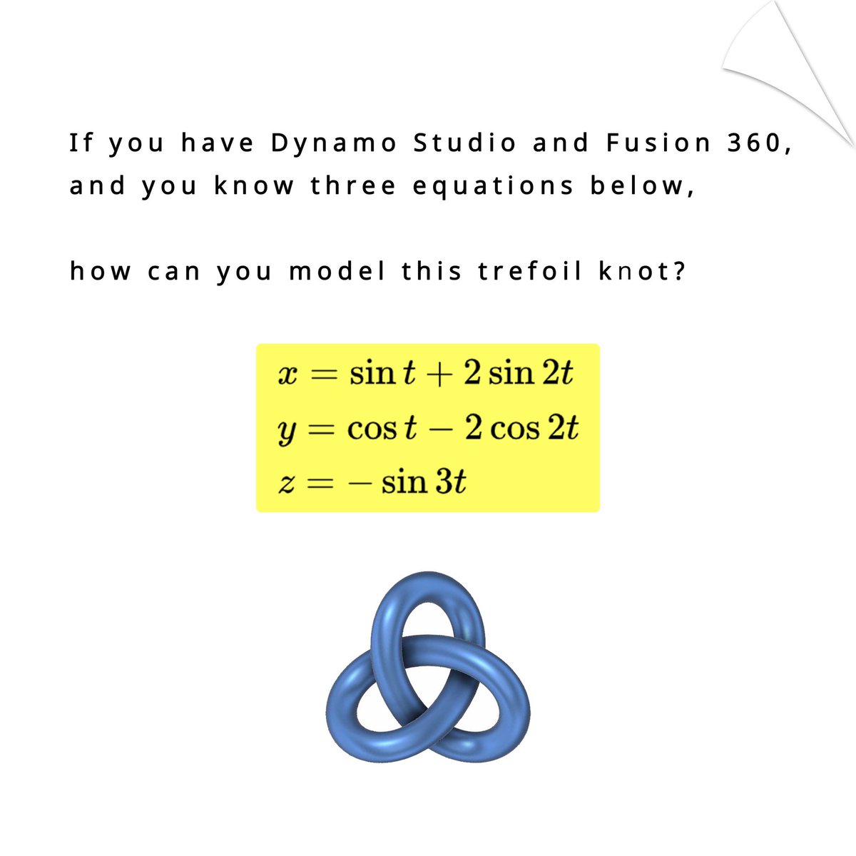 lynn_kim_hr's tweet photo. How easy to model with Fusion 360 * Dynamo Studio!
#Dynamo Studio #Fuion #Trefoil #Knots #Torus #Mathematical Modeling #fusion 360 #animation #rendering
#EasyModeling #LynnsPKG #AutometicModeling https://t.co/8cRUTCHJ08