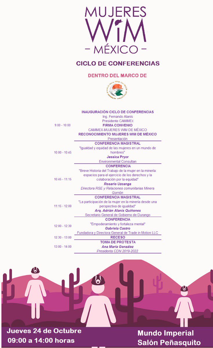 WimMexico's tweet photo. En el marco de la Convención Internacional de Minería, el 24 de Octubre Mujeres WIM de México ofrecerá un ciclo de conferencias.

Contaremos con ESPECTACULARES expositorxs.

Agradecemos anticipadamente a @falaniso por Inaugurar nuestro ciclo.

👇Aquí el programa👇 https://t.co/5h8rxEq0TS