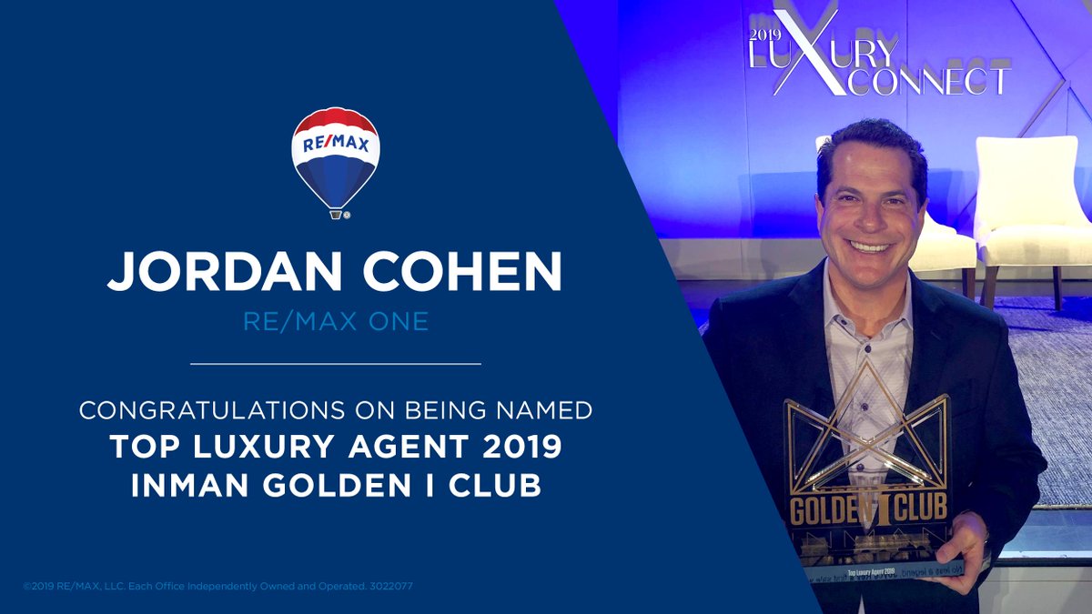 remax's tweet photo. .@InmanNews has named our very own @JordanCohen21 the Top Luxury Agent of 2019! The Top Luxury agent stands out from the crowd in innovative ways. closes epic deals, and changes the luxury game from within. 💪🏼👏🏼 #AboveTheCrowd #REMAXHustle #TheREMAXCollection https://t.co/aBEuMcI3VS