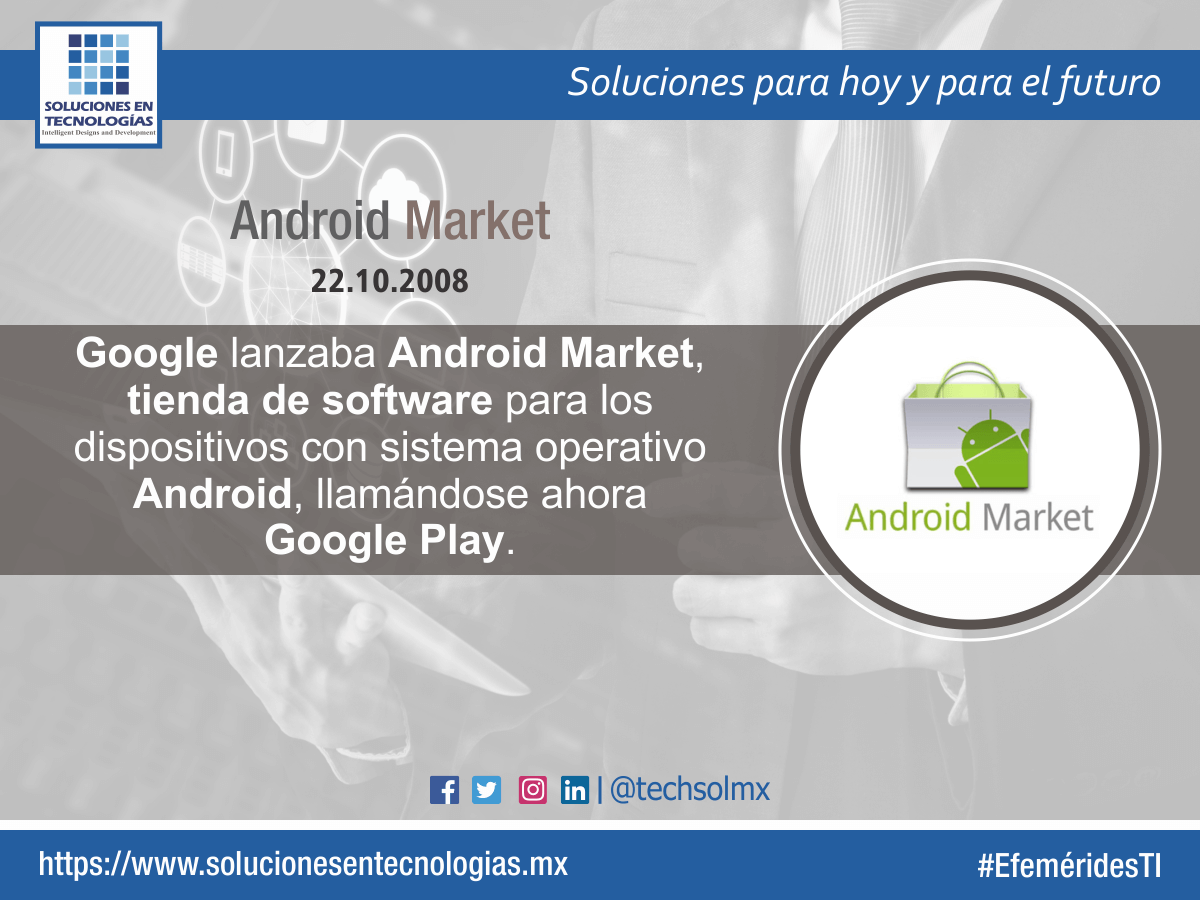 techsolmx's tweet photo. Un día como hoy (22/10/2008): Google lanzaba Android Market, tienda de software para los dispositivos con sistema operativo Android, llamándose ahora Google Play. https://t.co/0CrC3wF3xY
#EfeméridesTI #Google #AndroidMarket #Android #GooglePlay #Tecnologías #Tecnología #TIC #IT https://t.co/kwxpqNk5d1