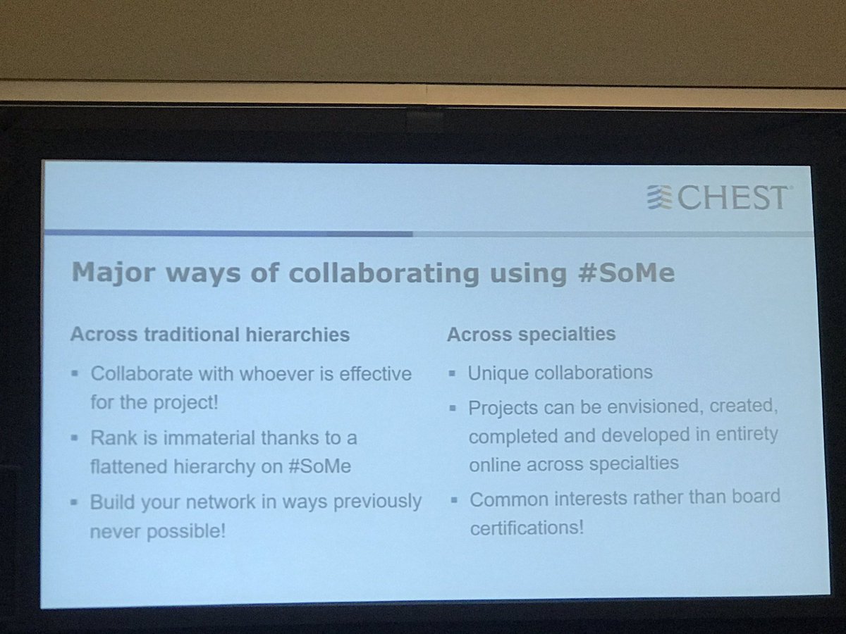 dina_khateebDO's tweet photo. How to build collaborations through #SoMe with @PendlKM #CHESTSoMe #CHESTMedEd #CHEST2019 https://t.co/LJ18QNqdus