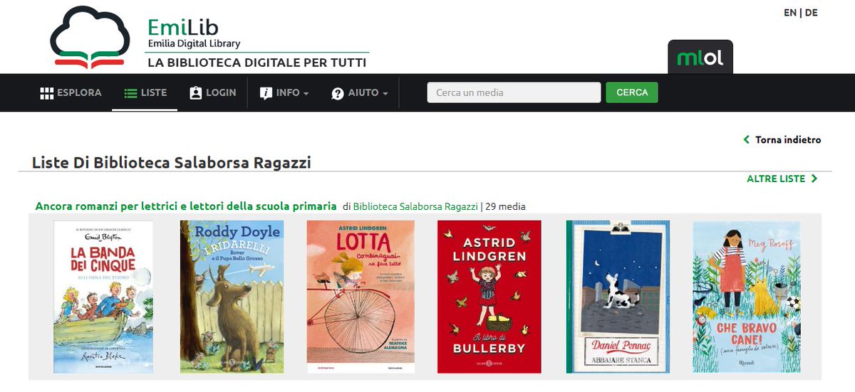 Fino a giovedì 24 ottobre il software gestionale è bloccato.

#Emilib di però è sempre aperta. 🎧📚📖

Ad esempio trovate romanzi per lettori e lettrici della scuola primaria: libri di Astrid Lindgren, Daniel Pennac, Roddy Doyle, Guus Kuijer.

emilib.medialibrary.it/liste/scheda.a…
