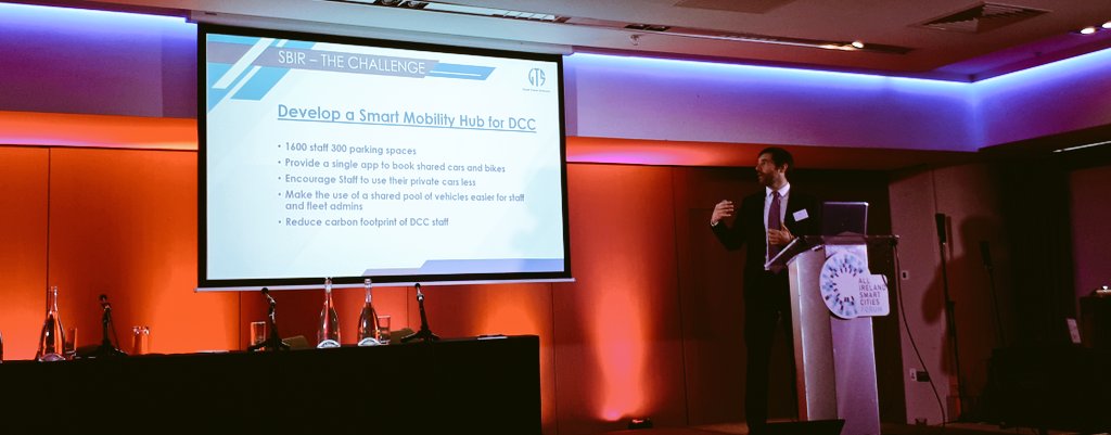 SBIRIreland's tweet photo. Through #sbir we were able to 'build as we go' ie iterate and improve our solution to address smart mobility challenges in Dublin - @Entirl company @GTS_HQ @smartdublin #AISCFConference19 https://t.co/la4ro8DIO3