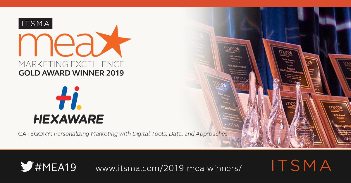 MomentumITSMA's tweet photo. Round of applause for these #2019MEA Diamond and Gold winners for their outstanding programs "Personalizing Marketing using Digital Tools.." 

@HPE, @HexawareGlobal and @IBM

#MEAs  #B2B
https://t.co/4tNRijk2oV https://t.co/loXDactrYF