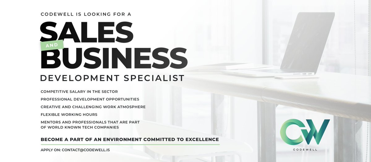 CodeWell (@wearecodewell) on Twitter photo We are looking for high-energy, motivated, passionate and self-starting sales professional to join our CodeWell team.
Apply on contact@codewell.is and become a part of an environment committed to excellence!
#hiring #salesexpert #businessdevelopment We are looking for high-energy, motivated, passionate and self-starting sales professional to join our CodeWell team.
Apply on contact@codewell.is and become a part of an environment committed to excellence!
#hiring #salesexpert #businessdevelopment