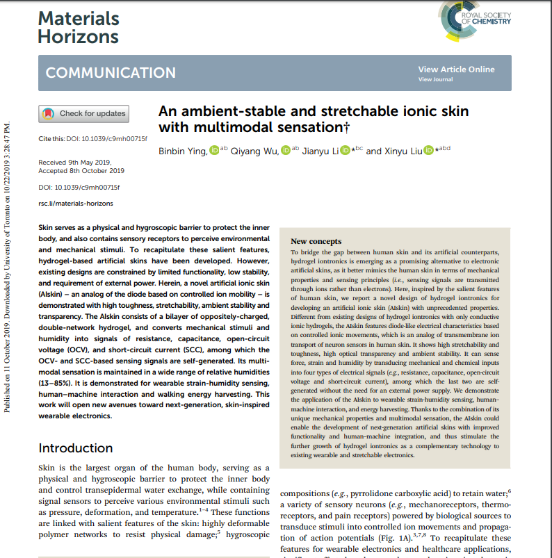 YingBinbin's tweet photo. Please check out our new work out today in @MaterHoriz  about an ambient-stable and stretchable ionic skin with multimodal sensation.  Thanks for the help from Prof.  Barthelat, Z. Yin @YinNemo, H.Xu, L.Liu, C. Qiao and G. Dong
https://t.co/bKZ3JoxT0e https://t.co/YdTuZC4C5X