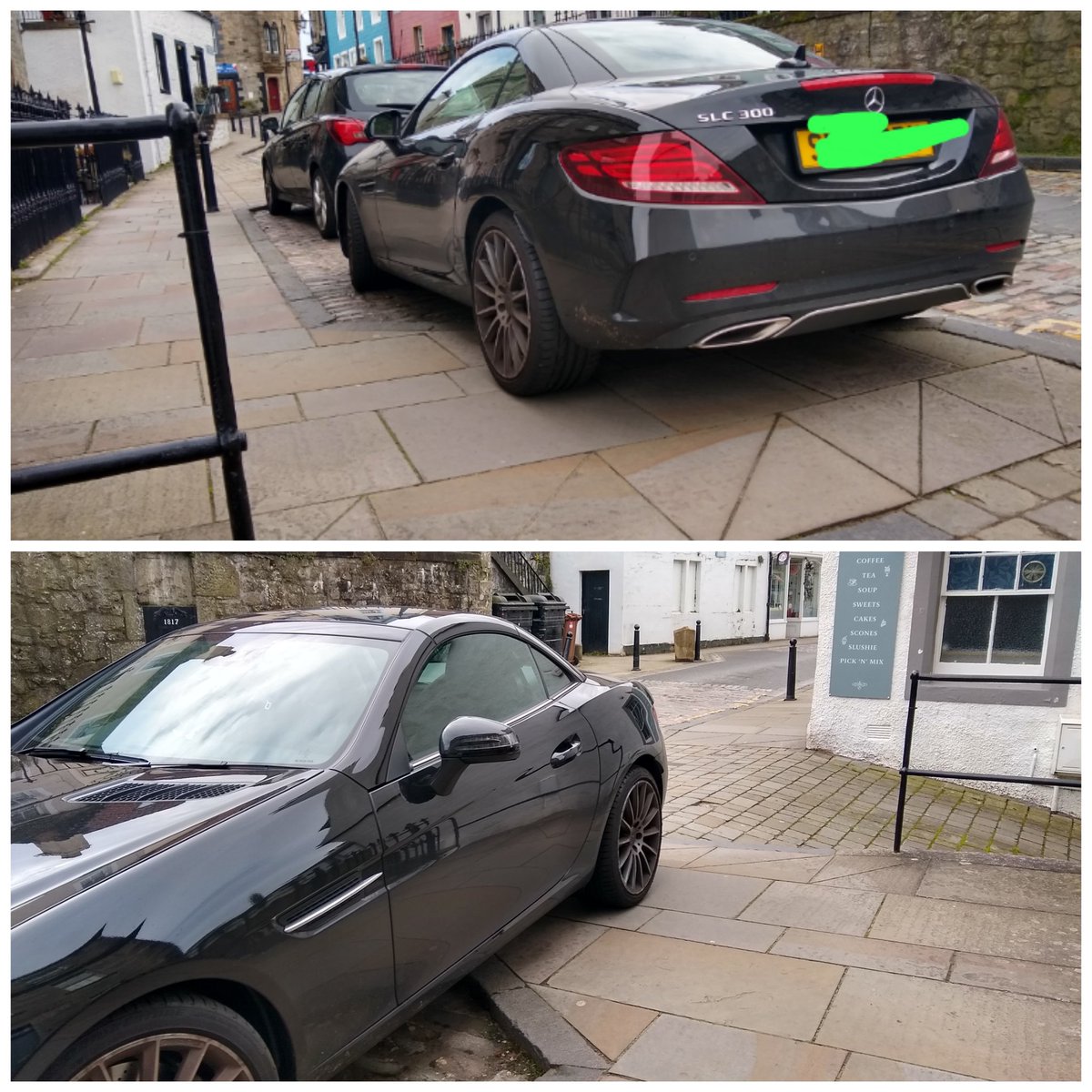 feegee_kiwi's tweet photo. Inconsiderate parking on the South Queensferry High Street. Have seen this car here more than once. Behind passenger rear side forces pedestrians to negotiate a small step onto/from inclined driveway #fallshazard @LivingStreetsEd @polscotrpu @SQTweeter @qdcc https://t.co/Q1YjwkWGrb