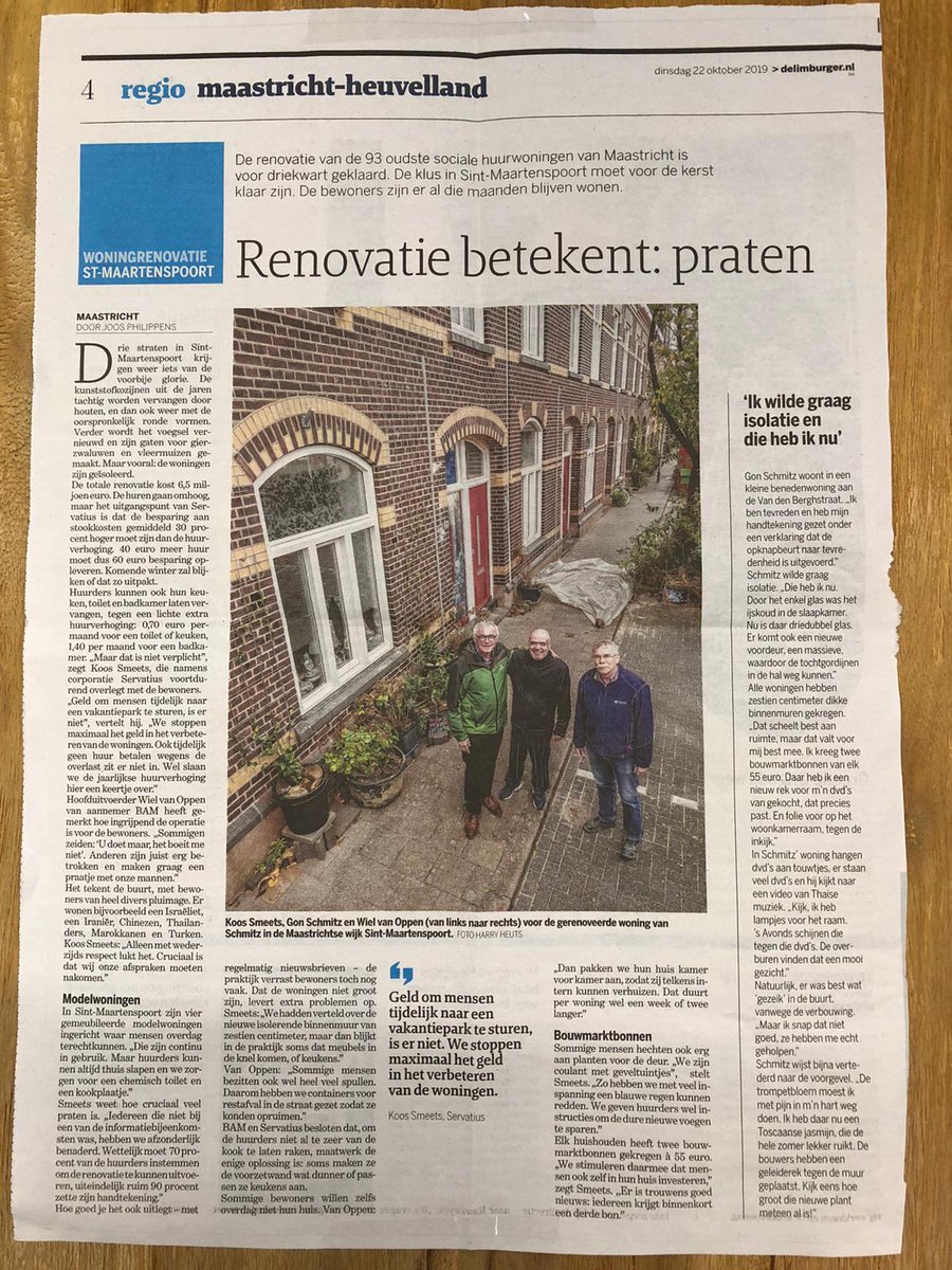 Renovatie betekent: praten 
Mooi artikel in de krant over de renovatie en verduurzaming van de oudste sociale huurwoningen van <a href="/Servatius_NL/">Servatius</a> in Sint-Maartenspoort.

#samendoen
#thuis
#praten