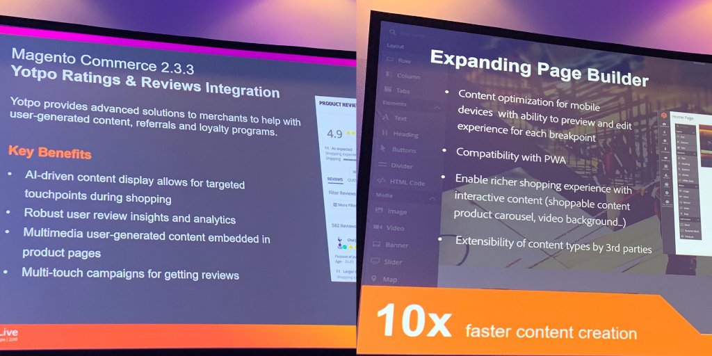 [Event #MLEU] 📢Annonce de la roadmap 2020 de <a href="/magento/">Magento</a> : expanded page builder, intégration de Adobe Stock, intégration Yotpo Ratings &amp; Reviews, expended sales &amp; marketing channels, BI, Product Recommendations, et bien d'autres choses ... Ca promet une belle année🥳!