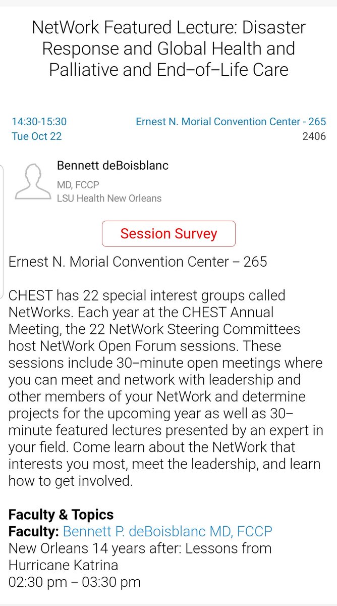 LSJohnsonMD's tweet photo. #CHEST2019 Room 265 at 230p - Dr. Bennet deBoisblanc will be speaking about the impacts of Katrina - a timely & vital topic sponsored by the #CHESTDisaster and #CHESTPalCare Networks! https://t.co/i5VyGywRJ7