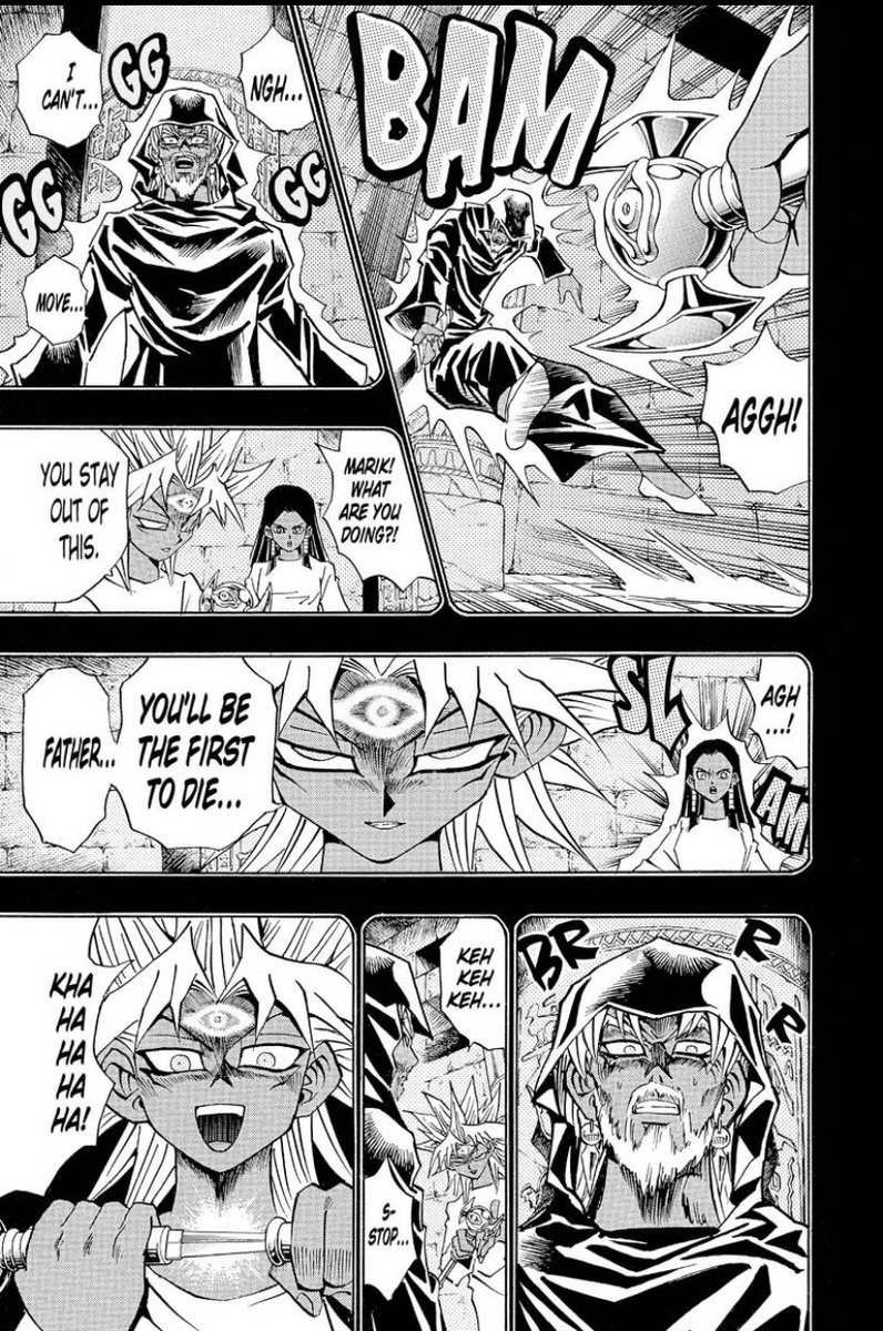 Marik’s backstory is lot more brutal then I expected. Not only are the markings on him and Rishid (Odion) actual carvings, but Marik skins his father’s back and gives it to Rishid.Metal as fuck.