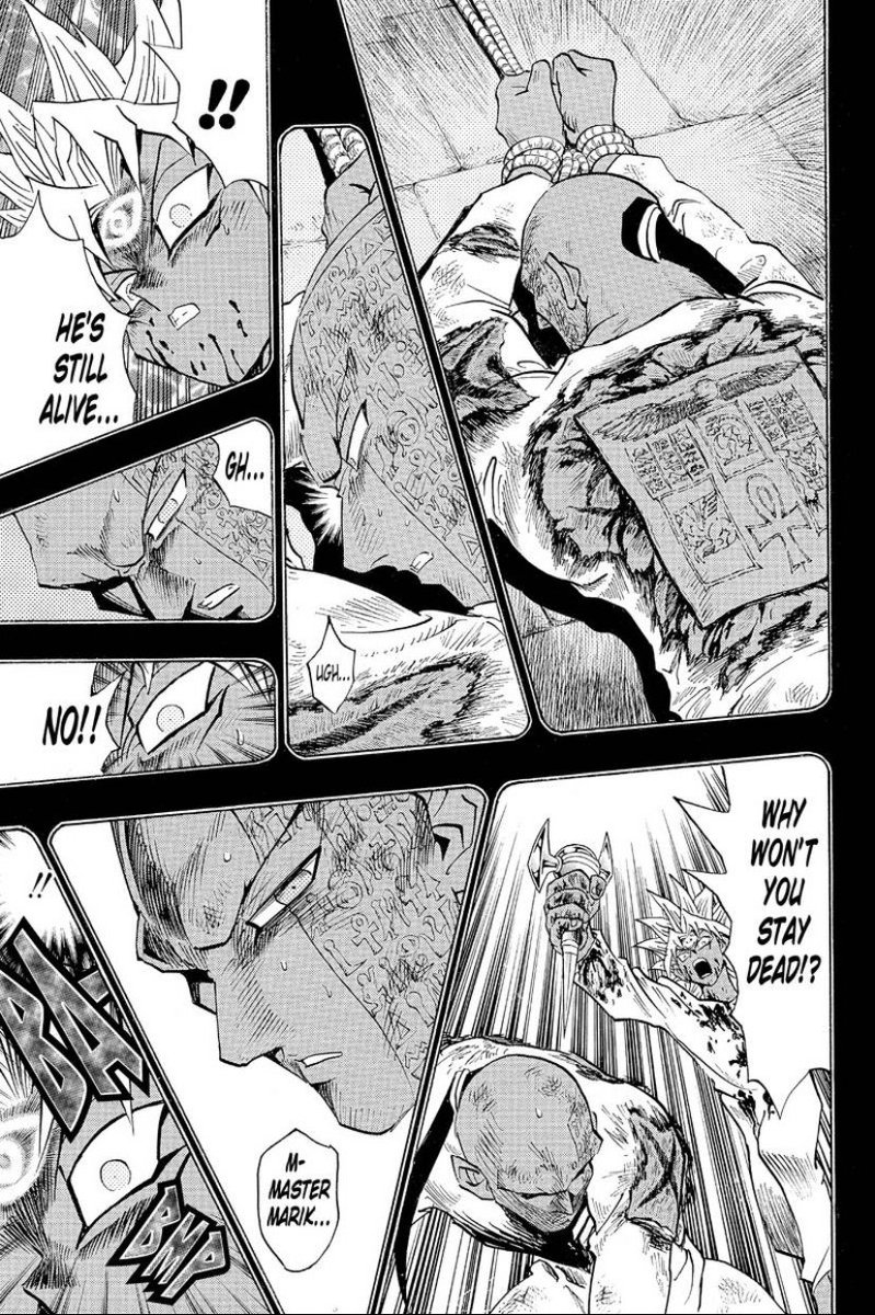 Marik’s backstory is lot more brutal then I expected. Not only are the markings on him and Rishid (Odion) actual carvings, but Marik skins his father’s back and gives it to Rishid.Metal as fuck.