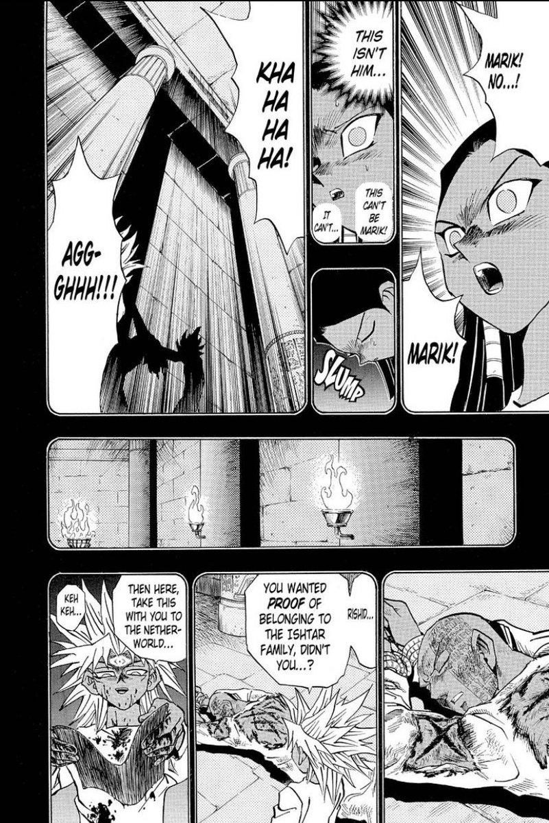 Marik’s backstory is lot more brutal then I expected. Not only are the markings on him and Rishid (Odion) actual carvings, but Marik skins his father’s back and gives it to Rishid.Metal as fuck.