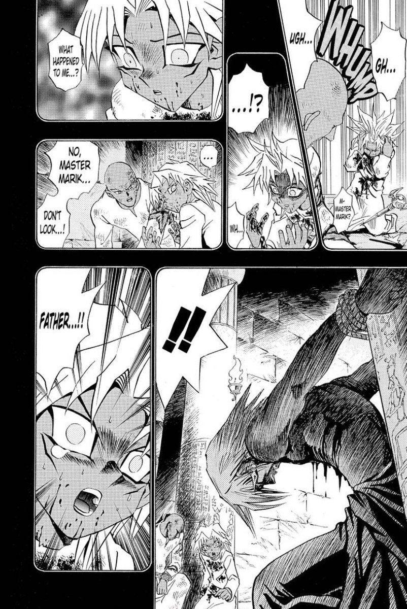 Marik’s backstory is lot more brutal then I expected. Not only are the markings on him and Rishid (Odion) actual carvings, but Marik skins his father’s back and gives it to Rishid.Metal as fuck.