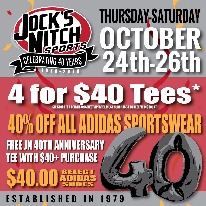 JocksNitchTop's tweet photo. RETWEET for a chance to win a $50 gift card!! 💸🥳

We’re celebrating 40 YEARS! 🎉 
Join us this Thursday, Friday and Saturday for special discounts and giveaways! 💥 We will also be hosting a corn hole tournament in front of the store! Don’t miss it! https://t.co/mzDsO7K9Li