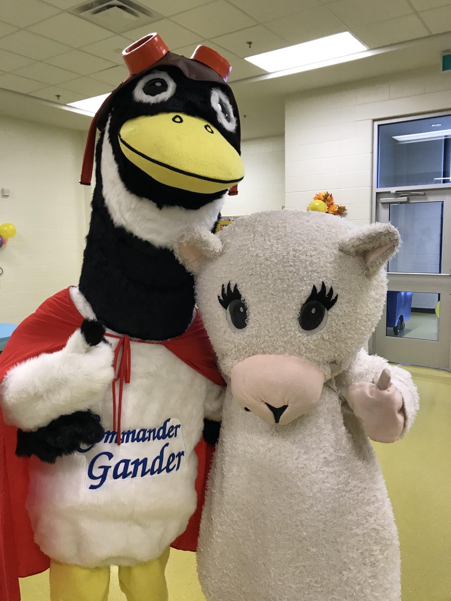 A photo of 2 Mascots- Commander Gander and Loukoumi