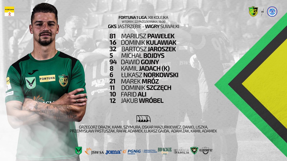 GKS_JASTRZEBIE's tweet photo. Tak zagramy z @wigry_suwalki! Miejsce Damiana Tronta, który pauzuje za żółte kartki, zajmuje w wyjściowej jedenastce Dominik Szczęch! #JASWIG https://t.co/oVB4rKz2Kk