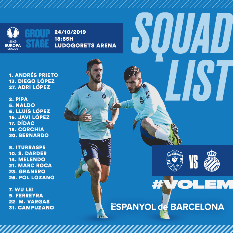 La convocatoria completa del Espanyol ante el Ludogorets.