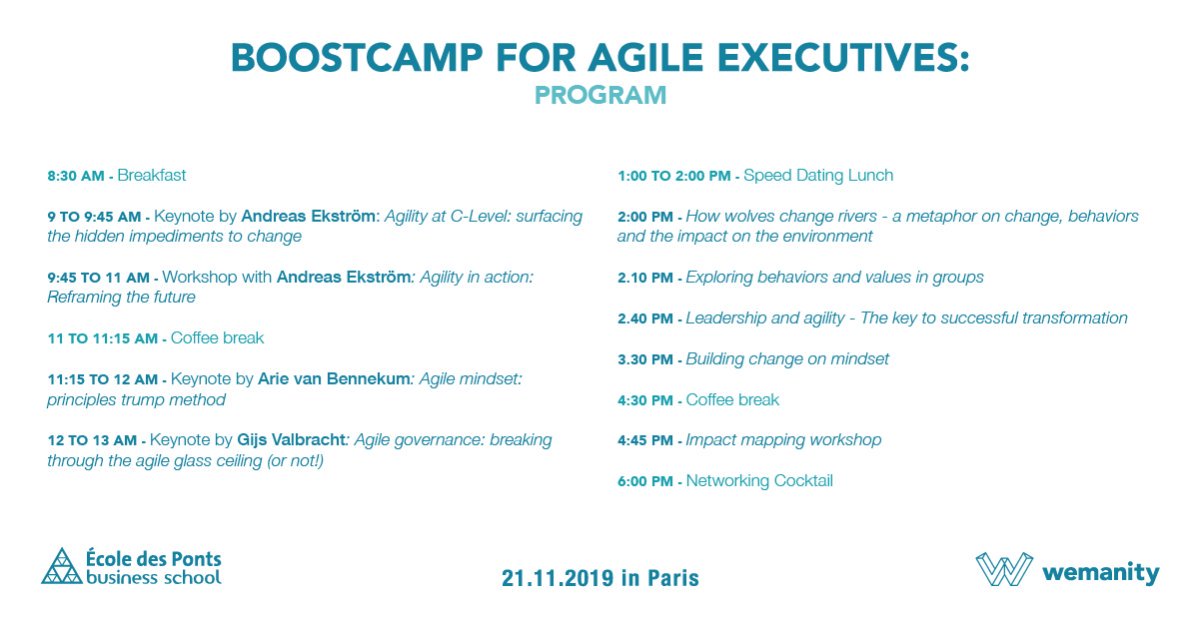 Discover now what our upcoming #Boostcamp training will entail through an intensive day of training for #Agile Executives on Nov 21st!

From #Agility to C-levels to #ImpactMapping workshop, get ready to disrupt your organization.

Register now: ow.ly/1oMs50wQeo7