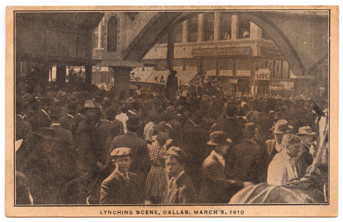 A picture from a 1910 lynching of a 65 year old black domestic worker, Allen Brooks, for the alleged crime of being alone with a white child.The crowd took souvenirs and it was done in broad day light.