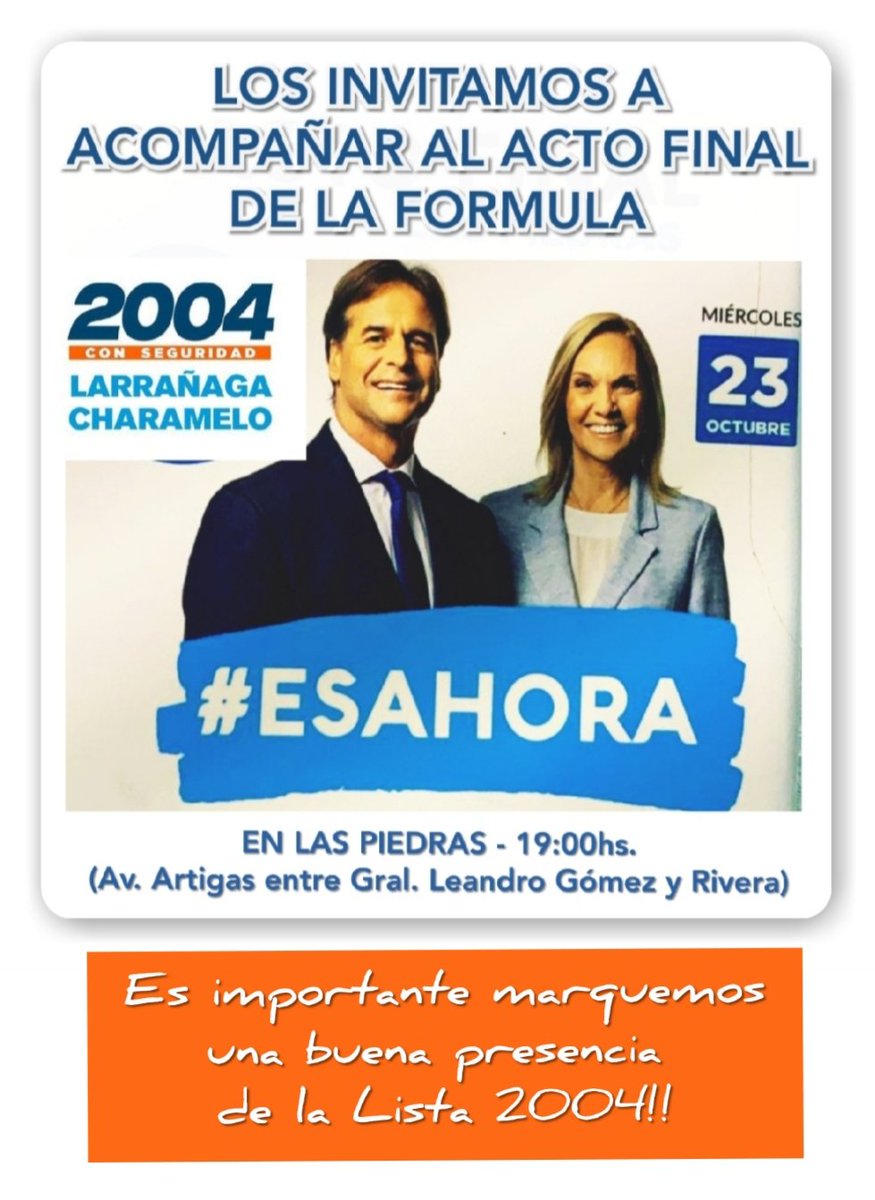 chechisena's tweet photo. Mañana todos los blancos a Las Piedras junto a Luis y a Beatriz. #Lista2004 #LaListadeLaReforma https://t.co/YOxSp6Kzww
